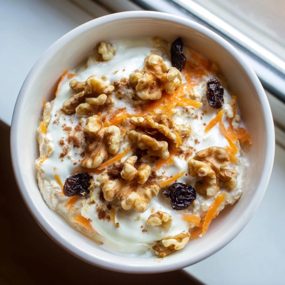 Carrot cake overnight oats swirled with grated carrots, raisins, and a dollop of Greek yogurt