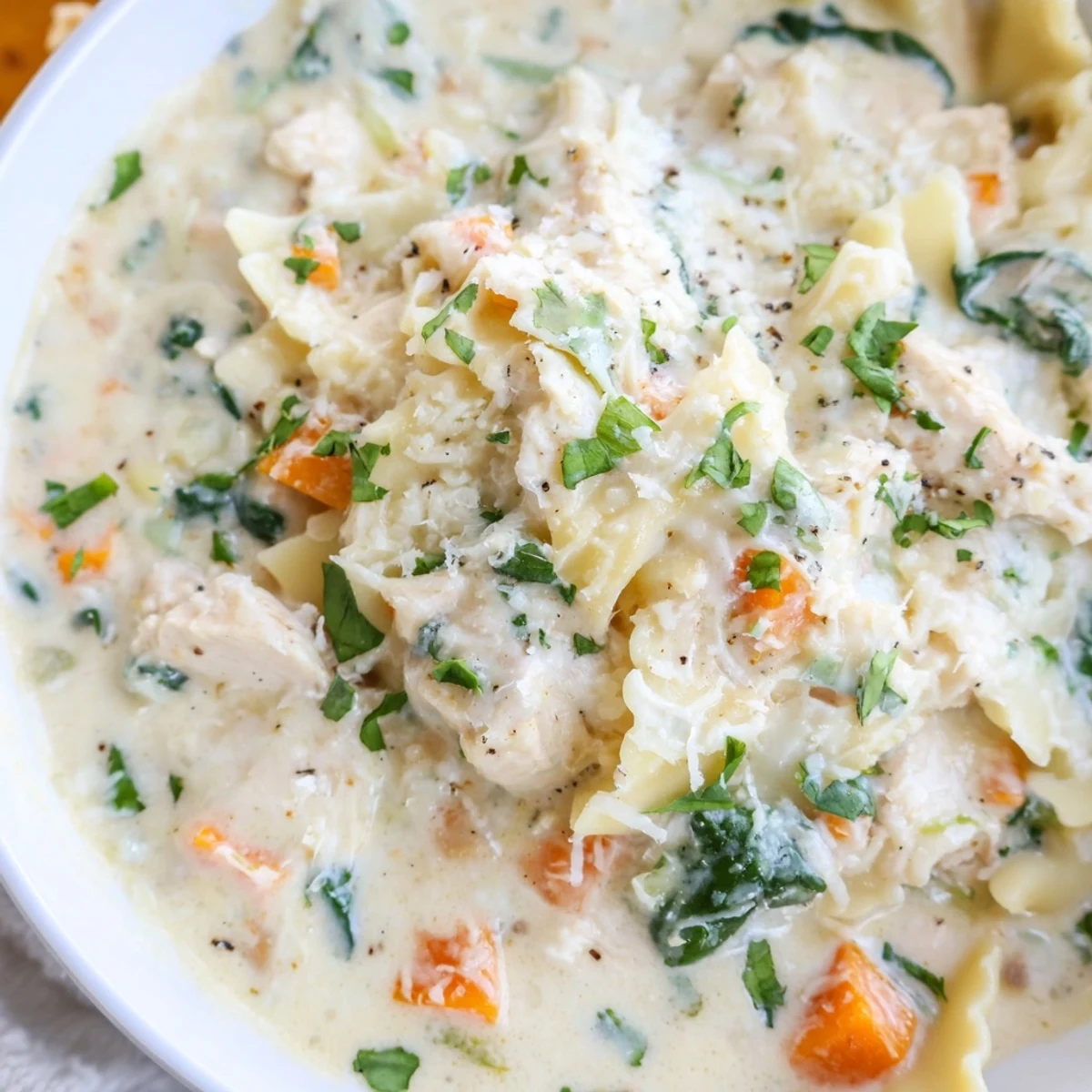 Creamy Italian white lasagna soup in a rustic bowl with melted cheese and tender noodles