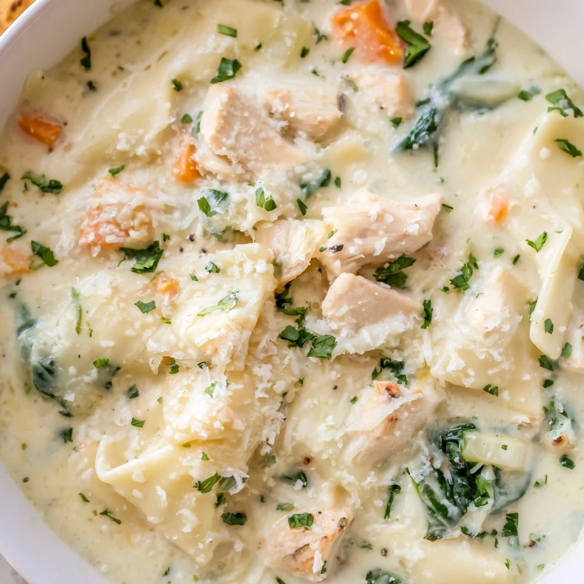 Steaming bowl of Italian white lasagna soup topped with fresh parsley and parmesan