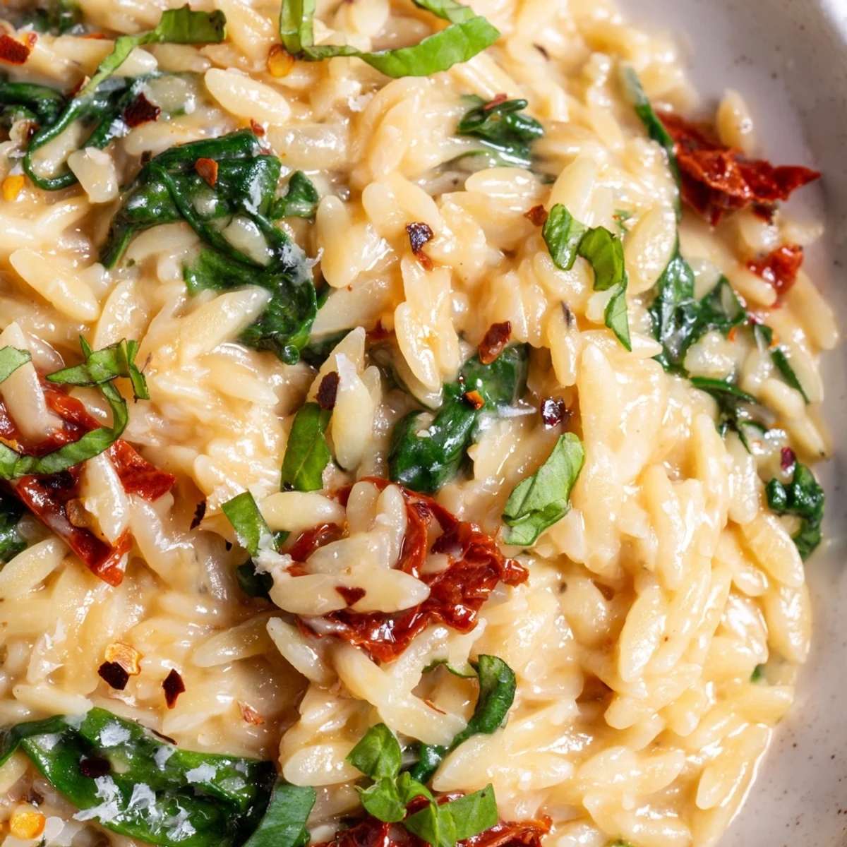 Creamy Tuscan orzo in a skillet with vibrant spinach and sun-dried tomatoes throughout