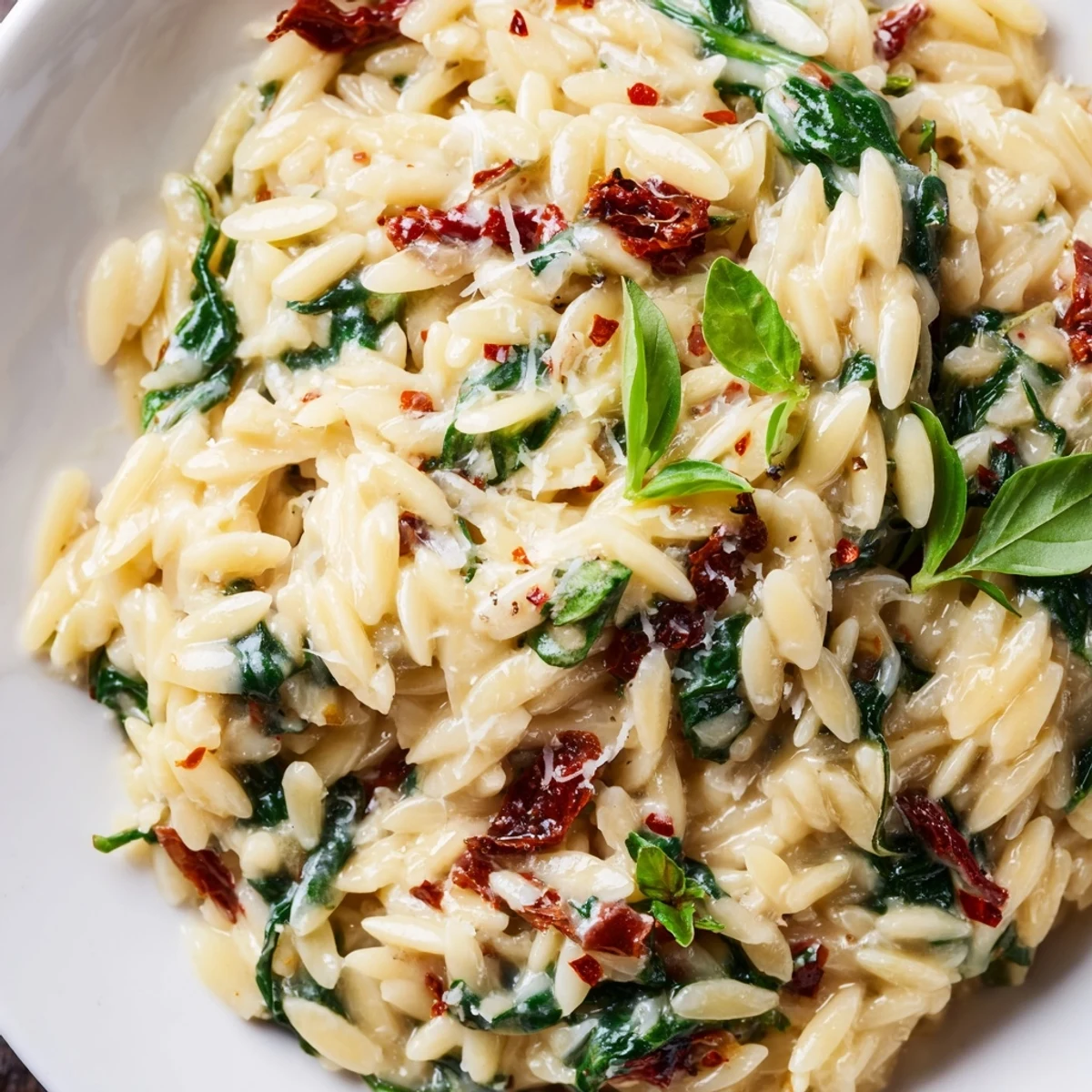 Warm Creamy Tuscan orzo topped with fresh basil and grated Parmesan cheese