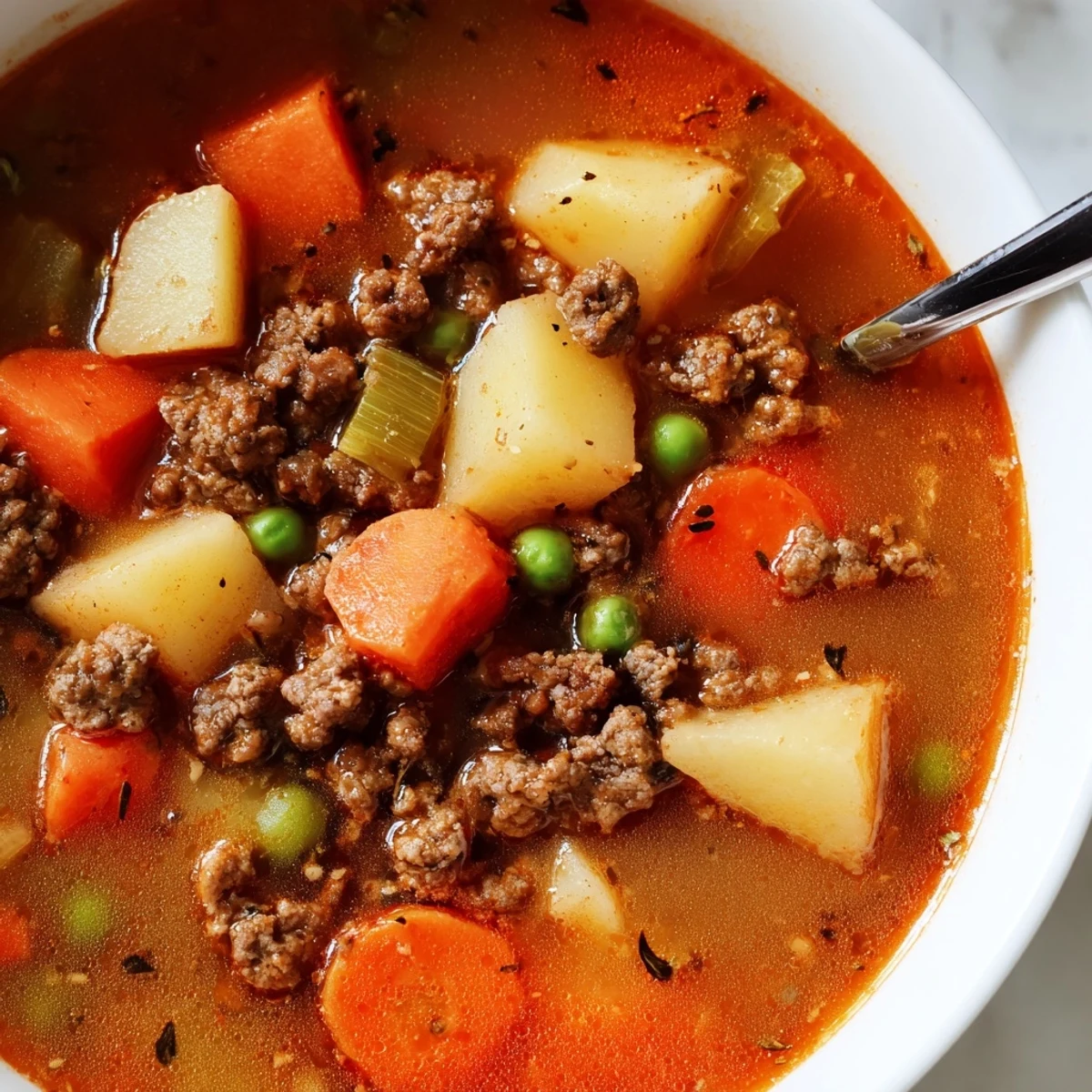 Steaming bowl of ground beef and potato soup with tender vegetables in savory broth