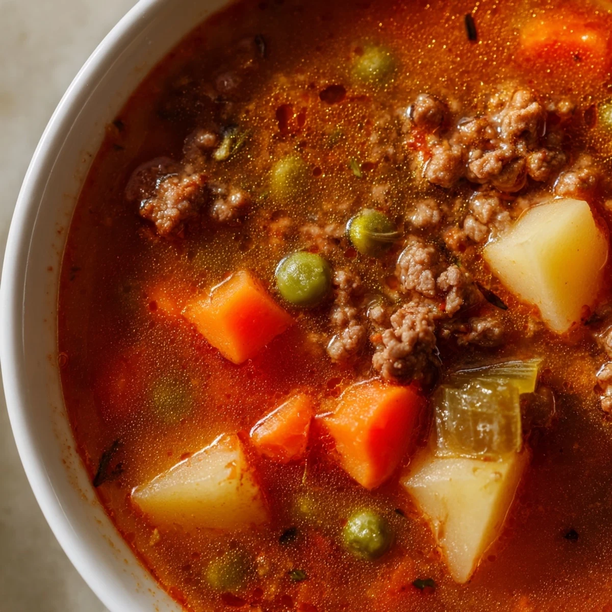 Hearty ground beef and potato soup topped with fresh parsley in white bowl
