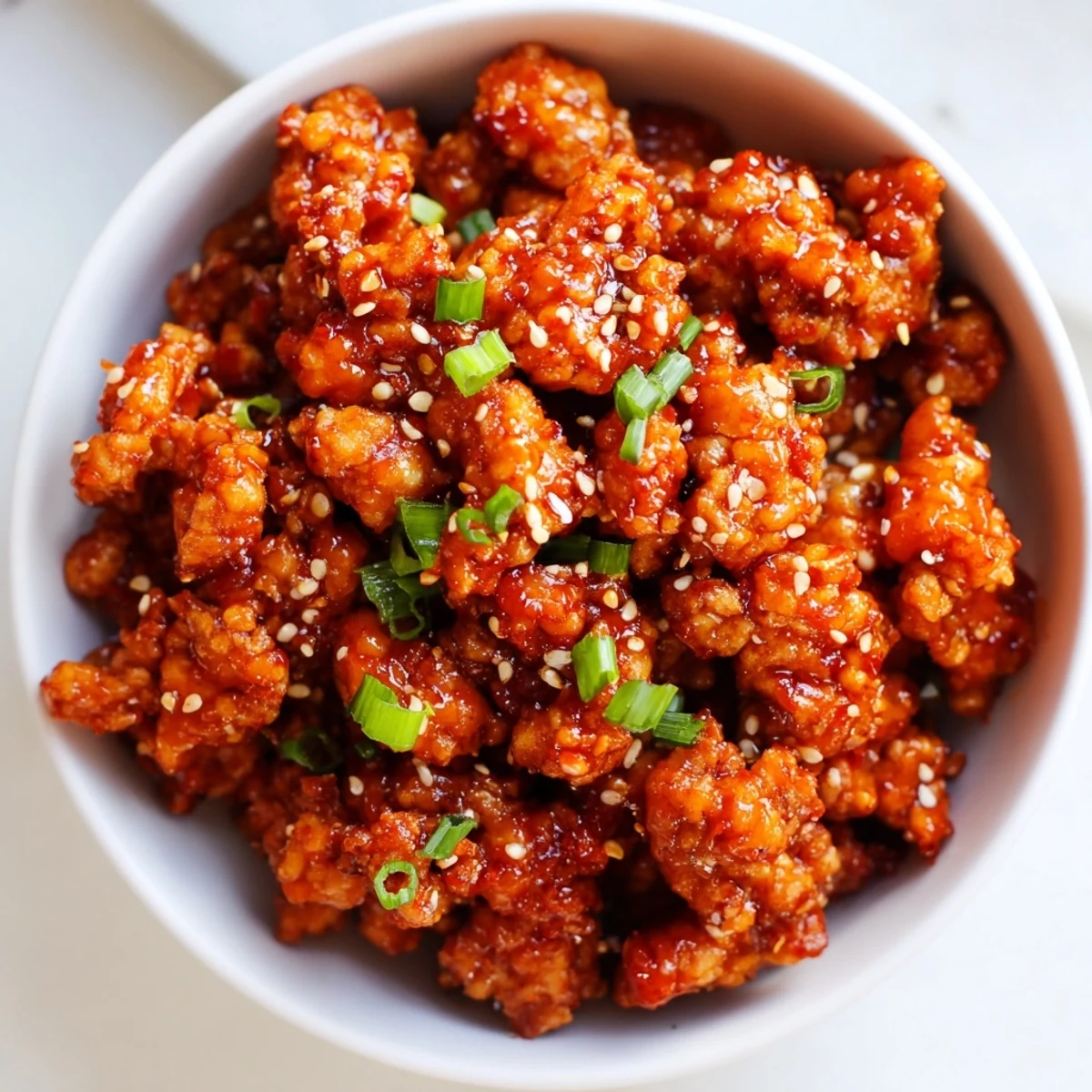 Spicy firecracker ground chicken bowls topped with crisp vegetables and sesame seeds on fluffy white rice