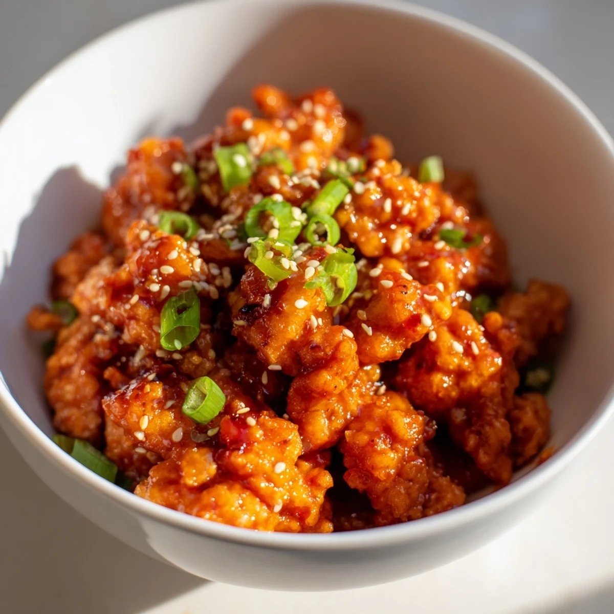 Firecracker ground chicken bowls with vibrant bell peppers cucumber and drizzled tangy sauce in white dish