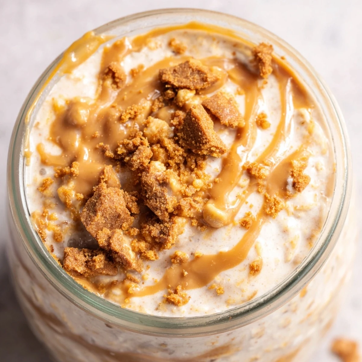 Quick Biscoff Overnight Oats topped with melted Biscoff drizzle and crushed cookies in glass jar