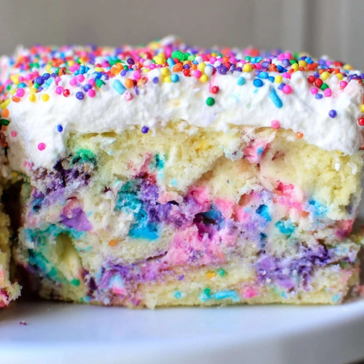 Colorful Unicorn Poke Cake with rainbow pudding swirls and fluffy whipped topping