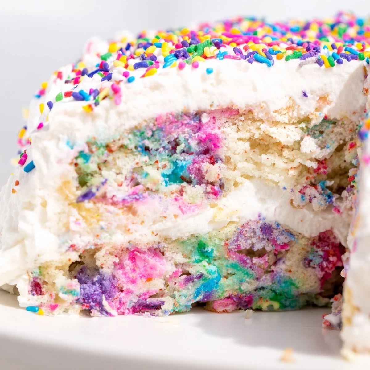 Pastel Unicorn Poke Cake topped with clouds of whipped cream and rainbow sprinkles