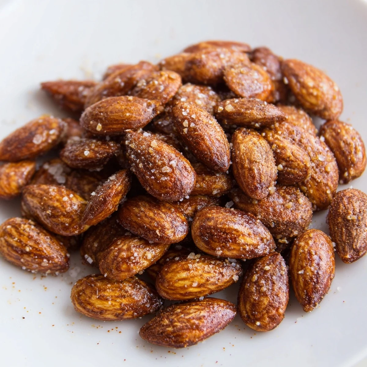 Golden roasted almonds with sea salt on a rustic parchment-lined baking sheet