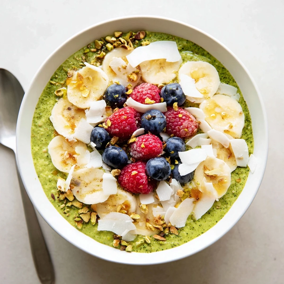Creamy matcha overnight oats in a glass jar topped with fresh berries and coconut flakes