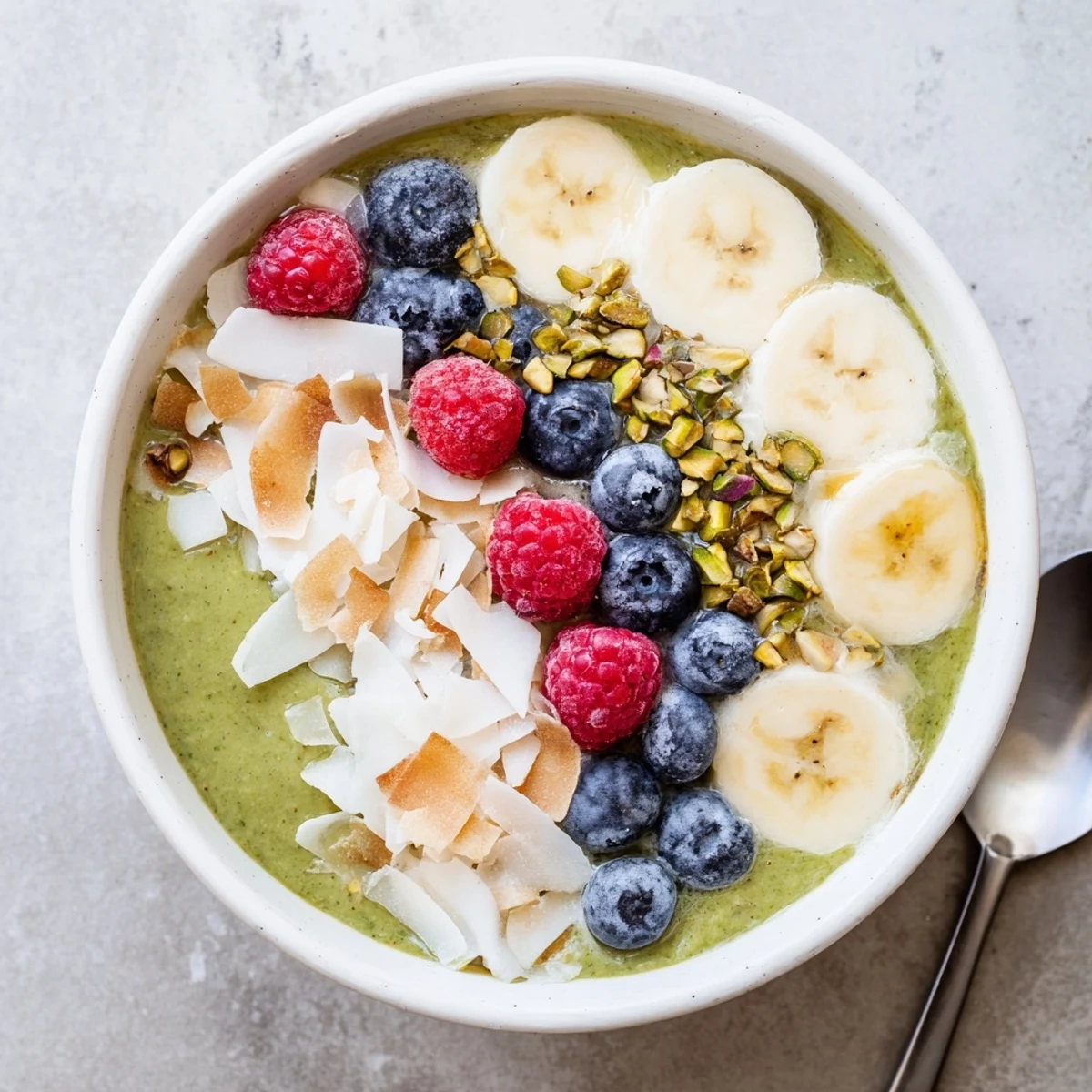 Bright green matcha overnight oats served in mason jars with sliced banana and crunchy pistachios