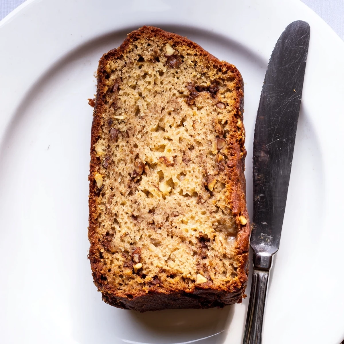 Warm slice of super moist banana bread topped with chopped walnuts on rustic plate