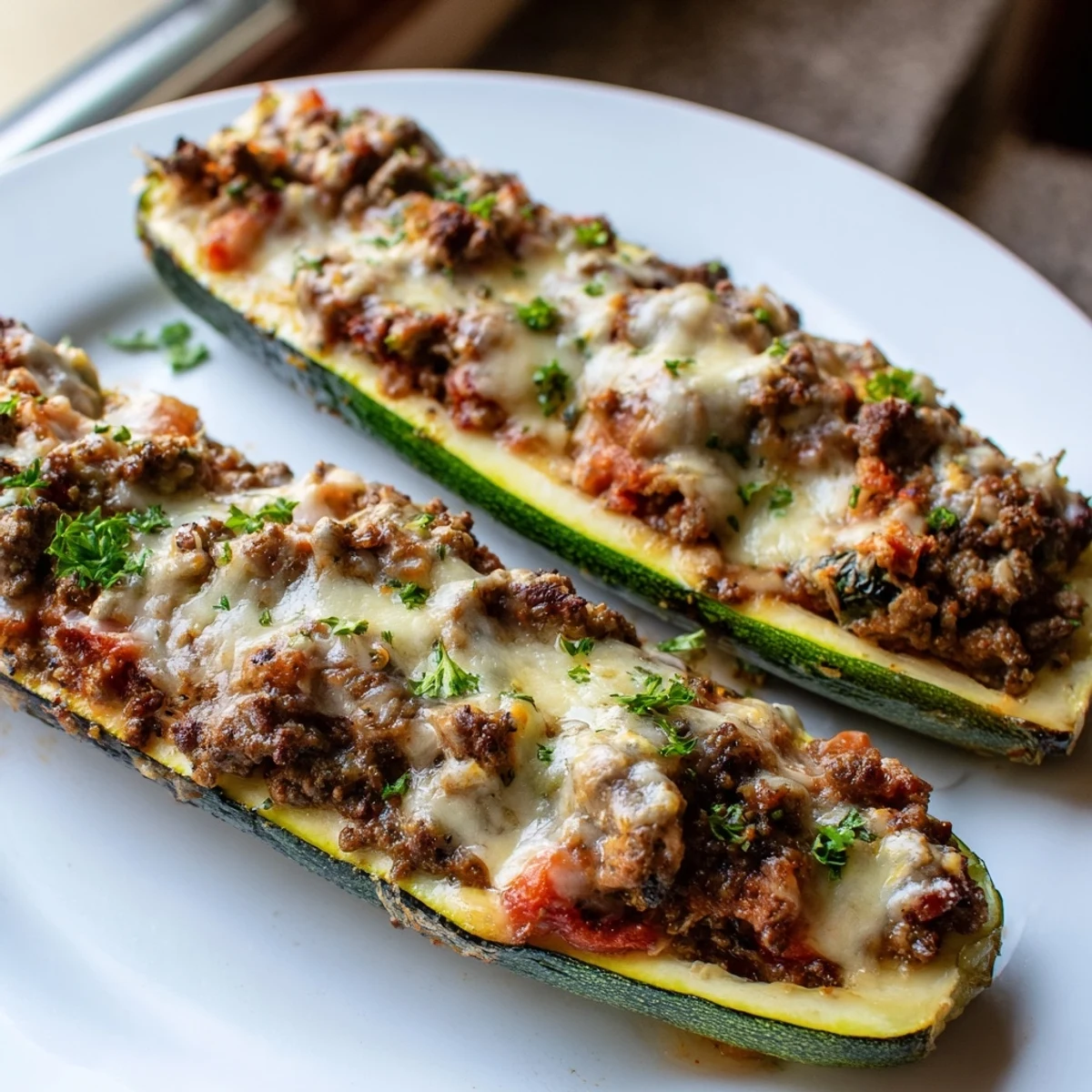 Golden melted cheese tops these hearty stuffed zucchini boats with ground beef, fresh herbs, and tomatoes
