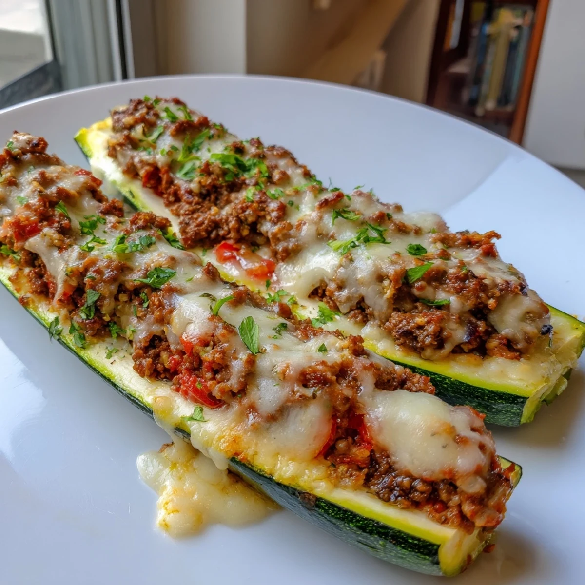 Baked stuffed zucchini boats with ground beef overflowing with savory tomato sauce and bubbling mozzarella