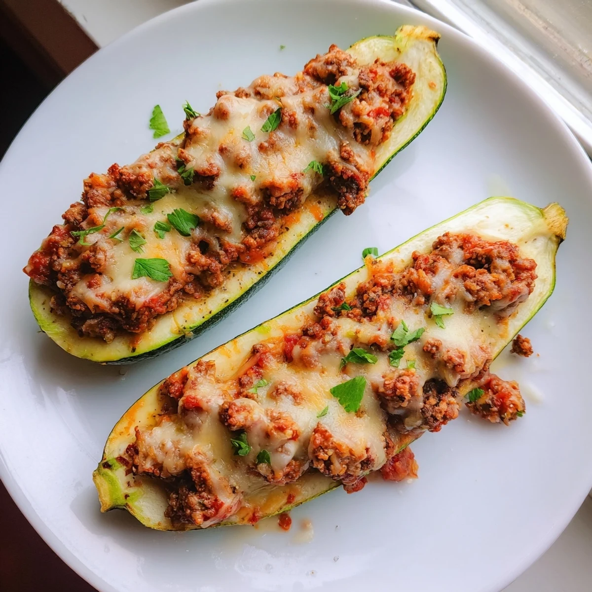 Tender zucchini halves stuffed with seasoned ground beef, diced tomatoes, and melted Parmesan in a baking dish