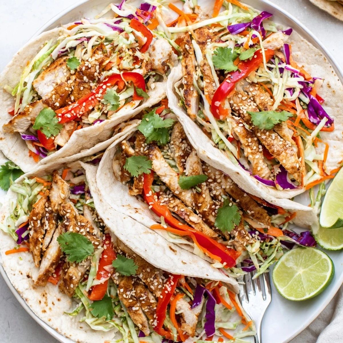 Juicy sliced chicken and crunchy rainbow slaw folded in soft tortillas for Thai chicken wraps