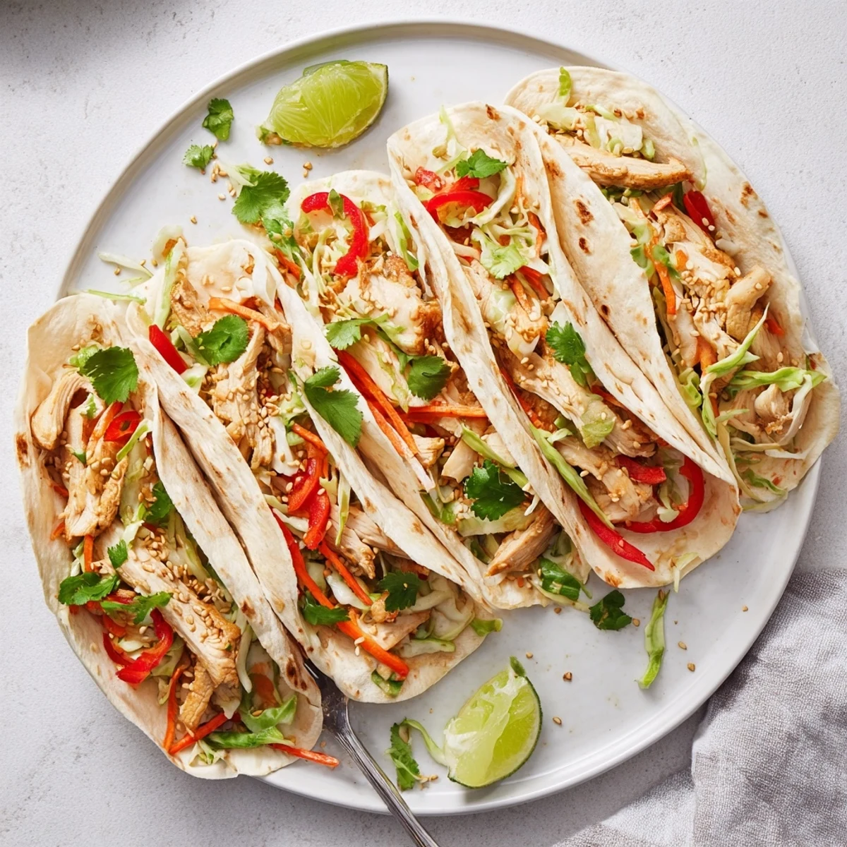 Warm flour tortillas stuffed with tangy Asian slaw and tender chicken in Thai chicken wraps
