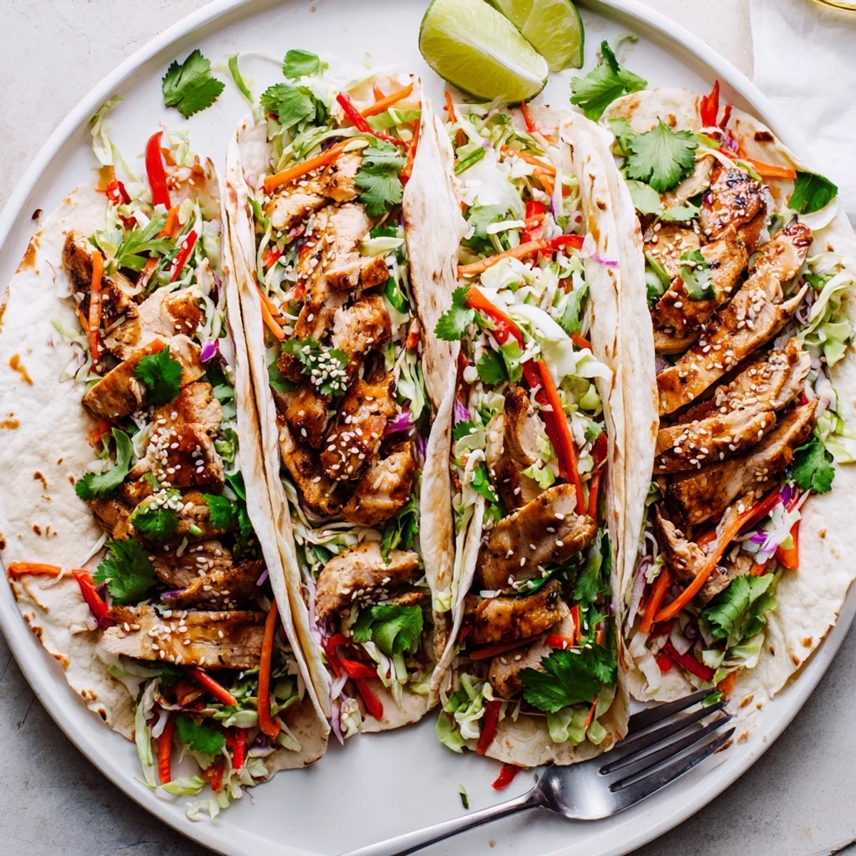 Golden seared chicken strips nestled atop crisp cabbage slaw inside these Thai chicken wraps