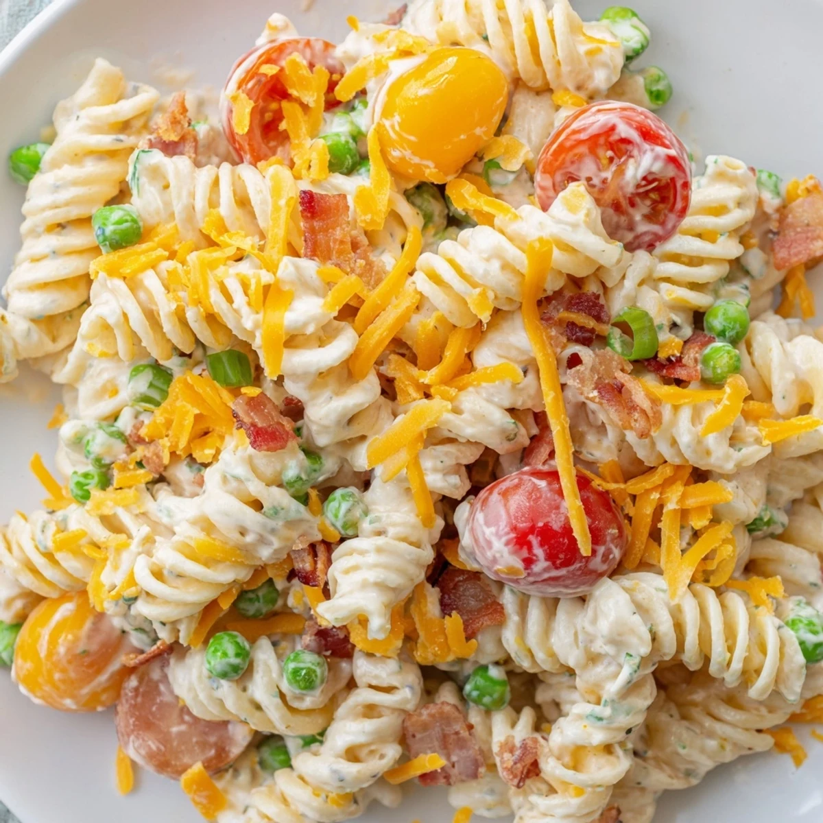 A colorful bowl of crack pasta salad loaded with creamy ranch dressing and crunchy vegetables