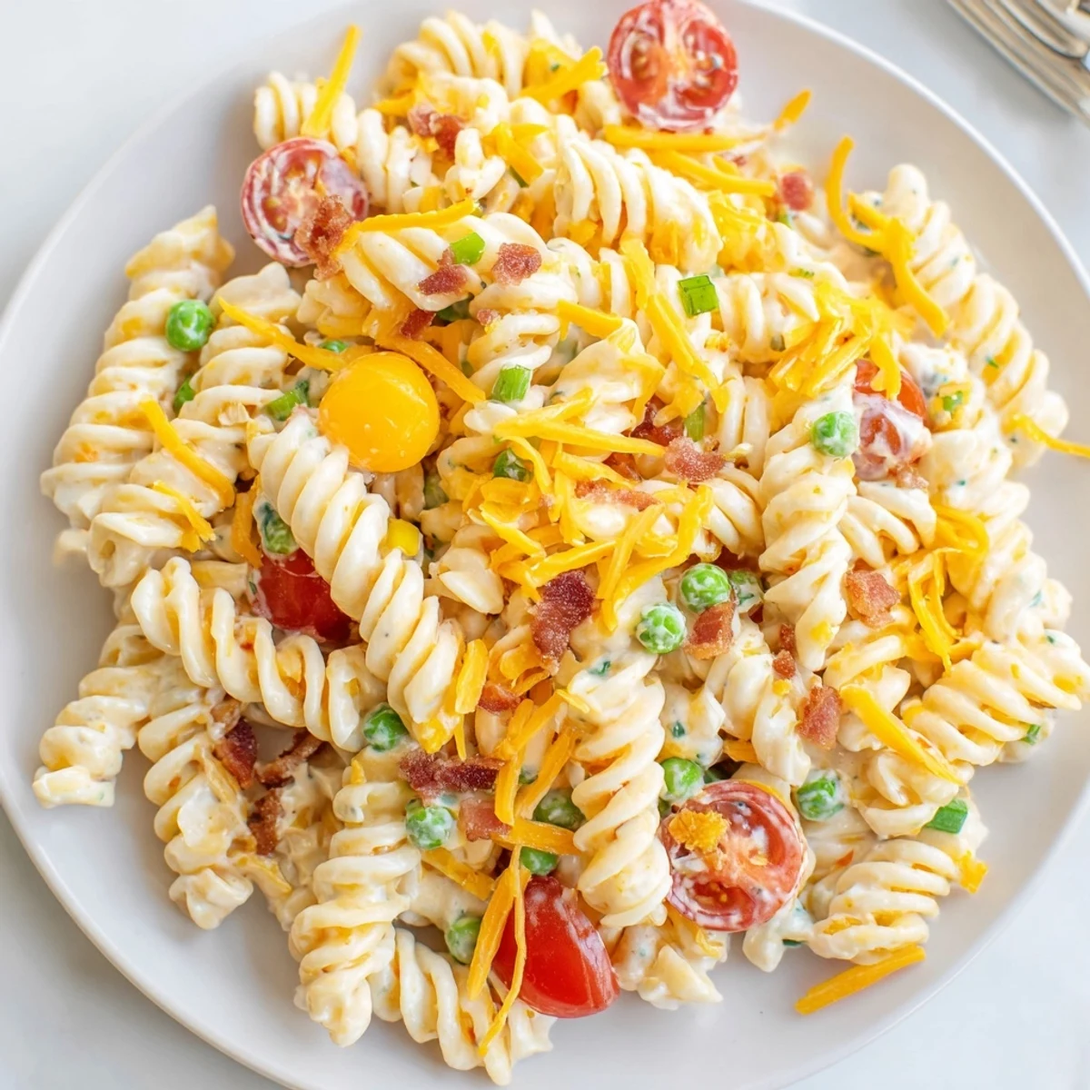 Scoop of addictive crack pasta salad showcasing rotini, cherry tomatoes, and a rich tangy coating