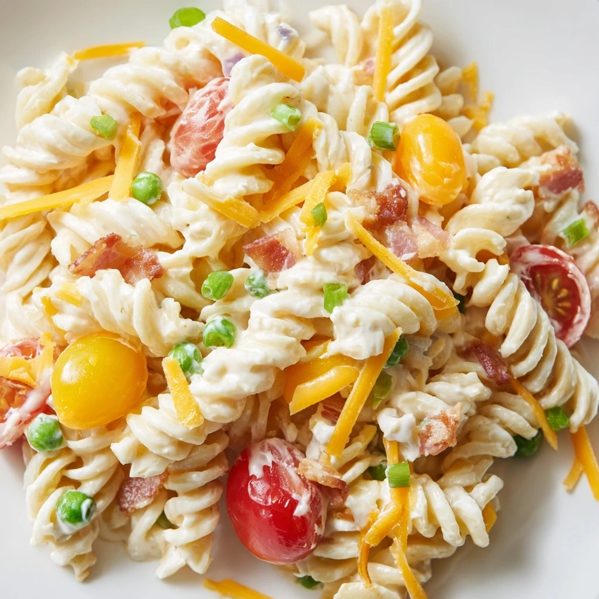Hearty crack pasta salad served chilled with cheddar cheese, bacon bits, and diced bell peppers
