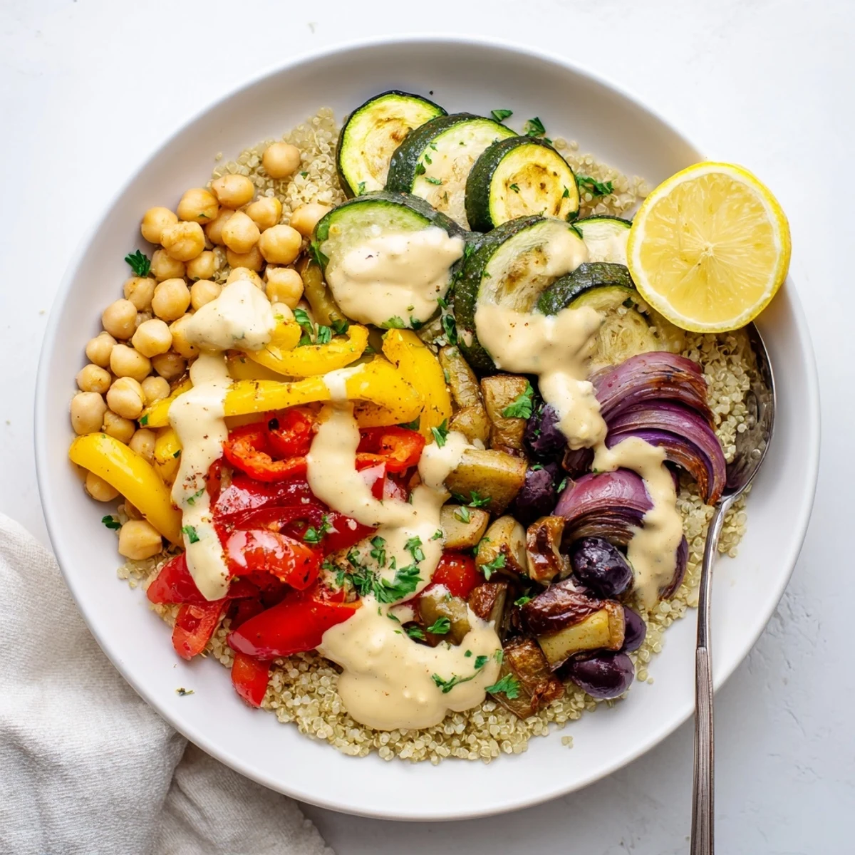 Golden roasted zucchini, eggplant, and chickpeas in a vegan Mediterranean roasted vegetables bowl drizzled with creamy tahini dressing.
