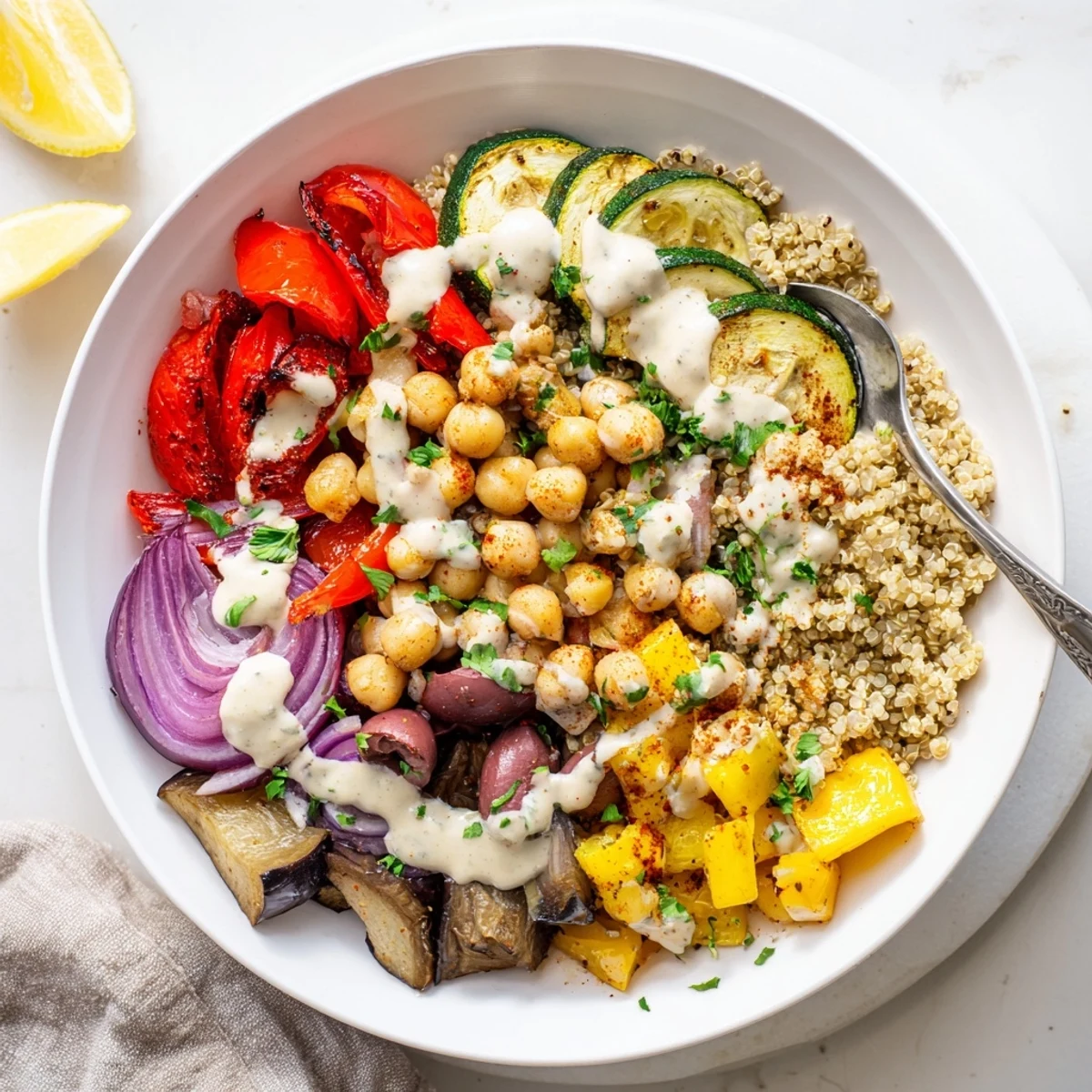 A cozy vegan Mediterranean roasted vegetables bowl featuring charred bell peppers and a zesty lemon tahini drizzle.