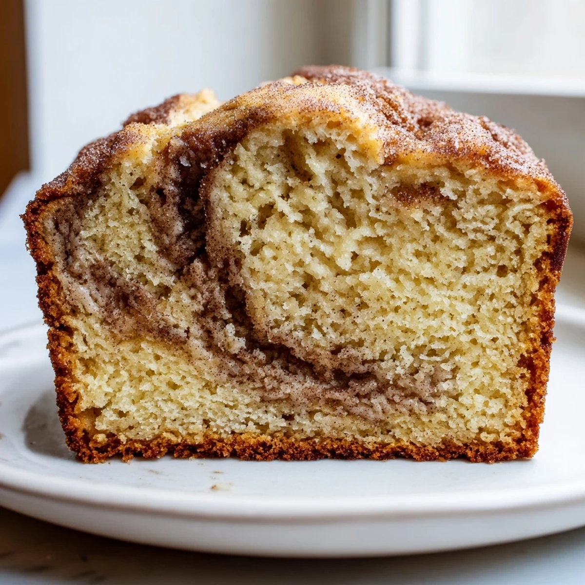 Golden slices of snickerdoodle banana bread swirled with cinnamon sugar on a rustic cutting board