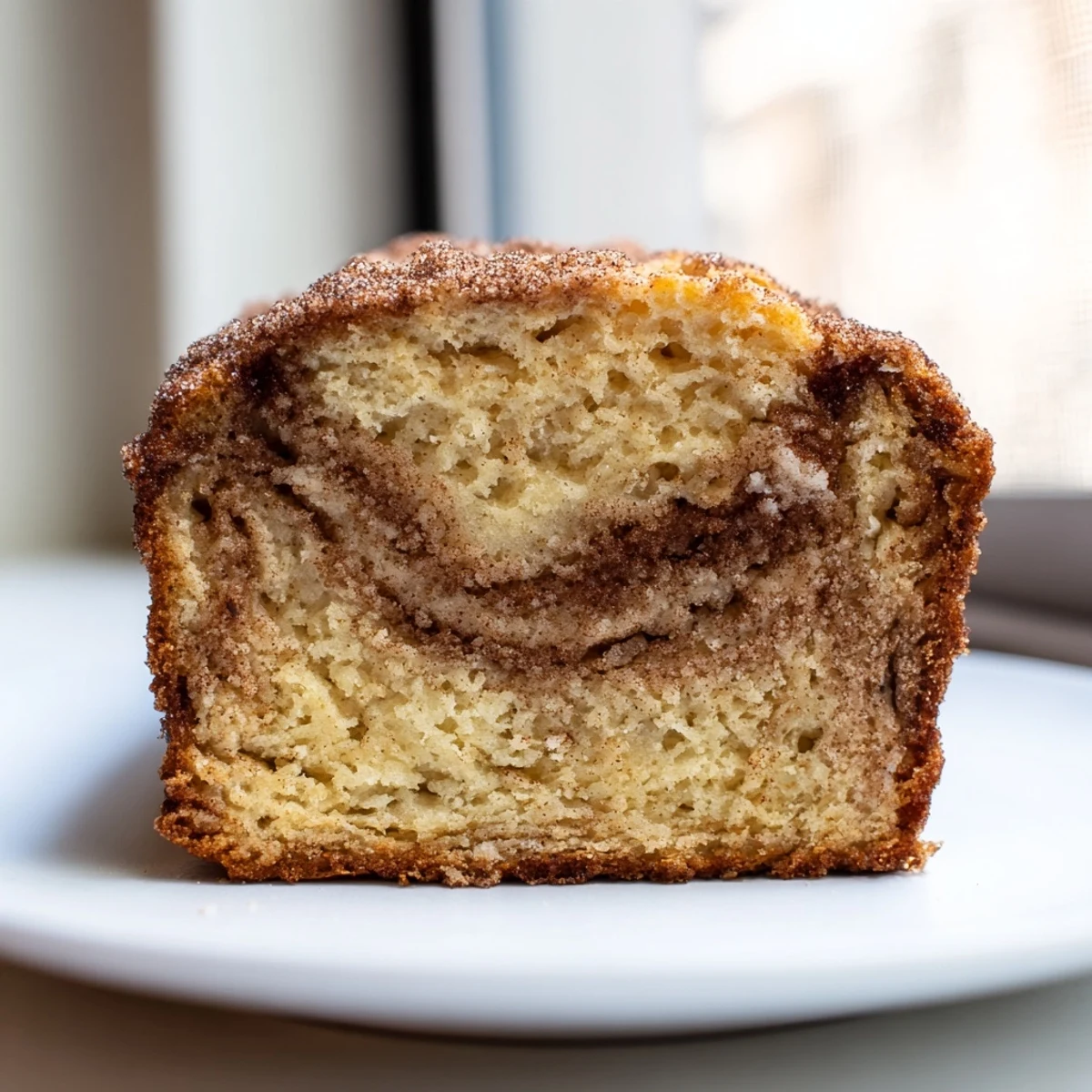 A thick slice of snickerdoodle banana bread topped with melting butter beside a cup of coffee