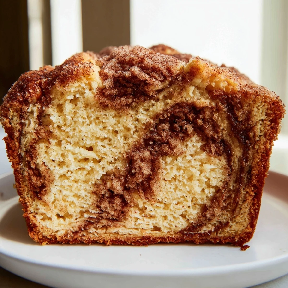 Warm snickerdoodle banana bread loaf with a crackly cinnamon-sugar topping, fresh from the oven