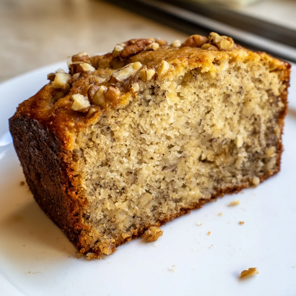 Warm slice of banana nut bread drizzled with butter on a ceramic plate
