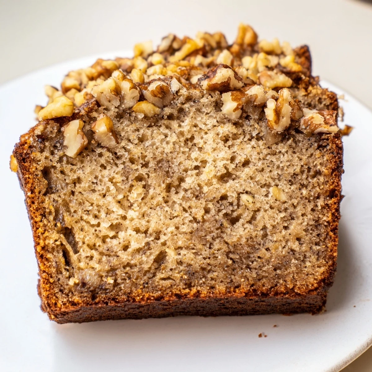 Golden banana nut bread sliced on a rustic wooden board with scattered walnuts