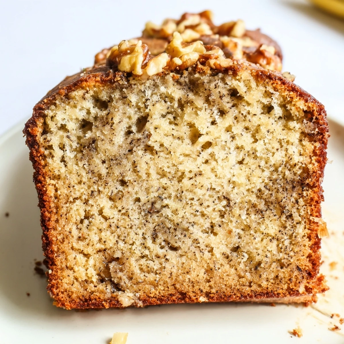 Moist banana nut bread loaf topped with crunchy walnuts fresh from the oven