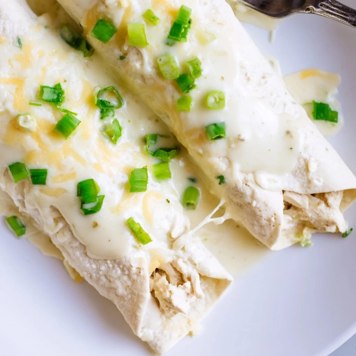 Creamy White Chicken Enchiladas bubbling golden, saucy tortillas topped with cilantro