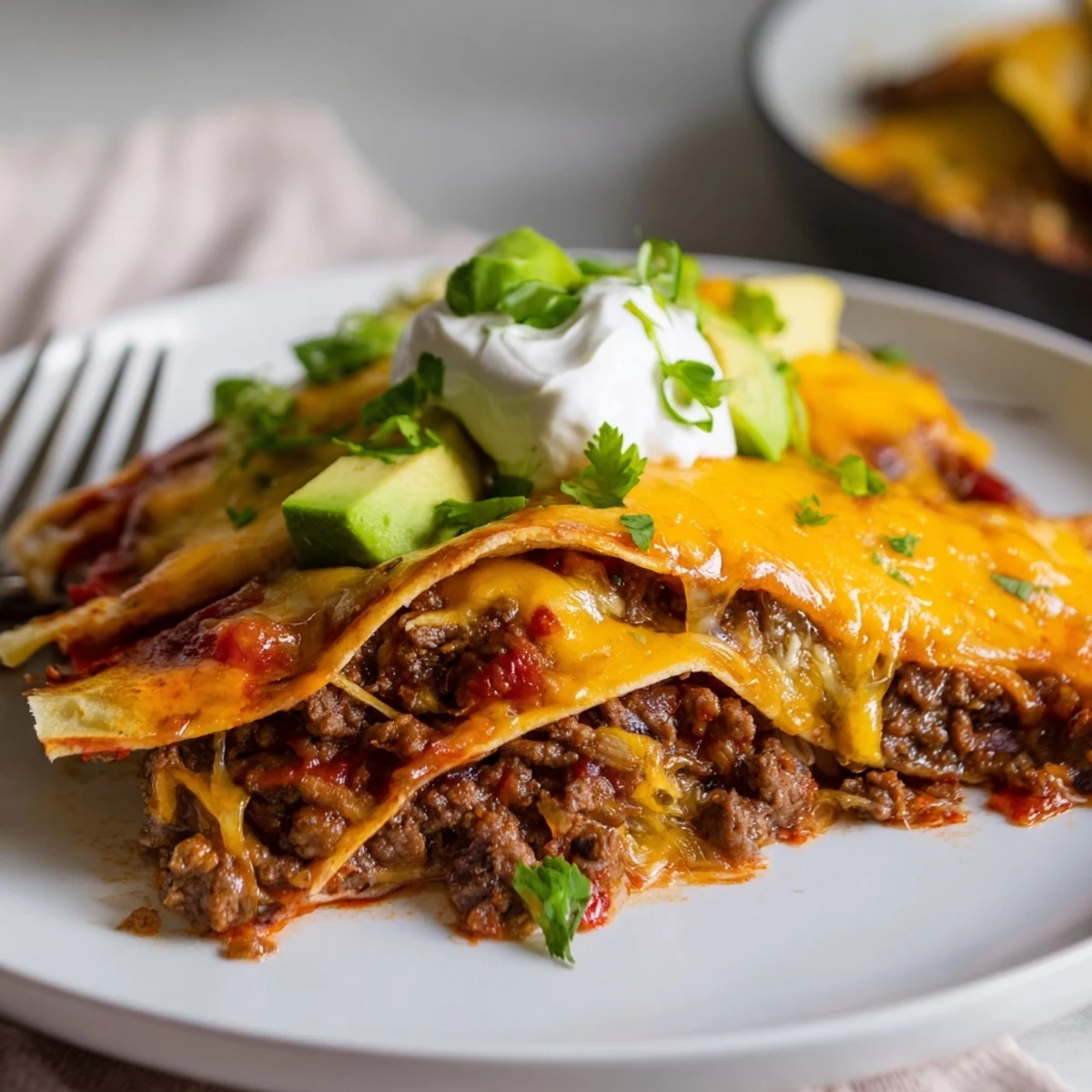 Beef Skillet Enchiladas bubbling in skillet, melted cheese and cilantro garnish