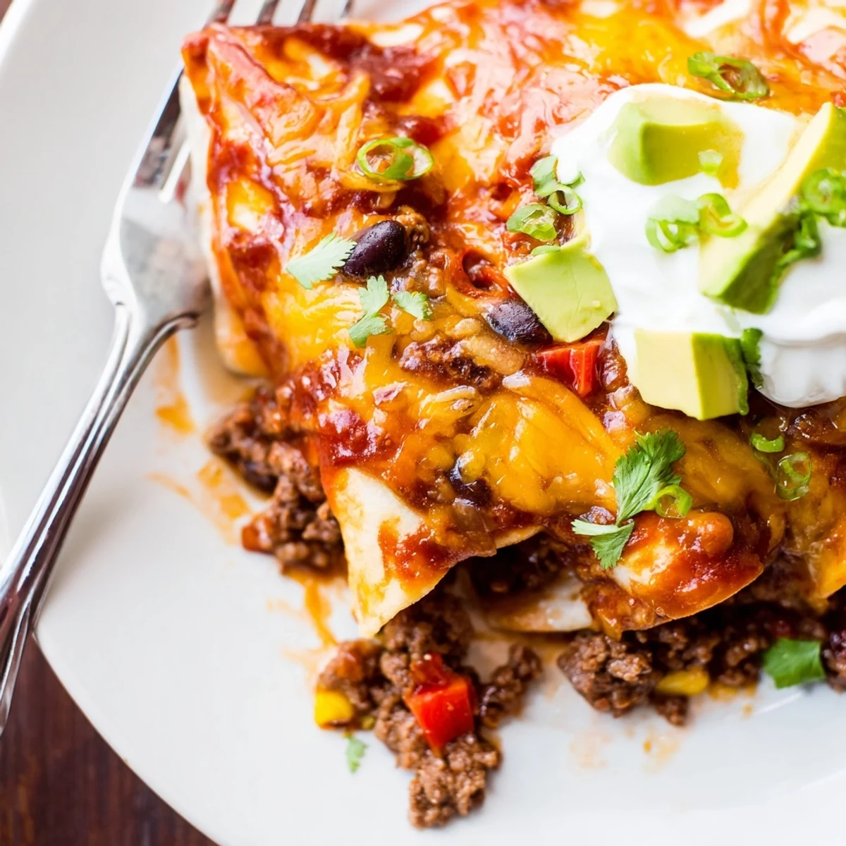 Crispy topped Beef Skillet Enchiladas with red sauce, avocado slices and sour cream