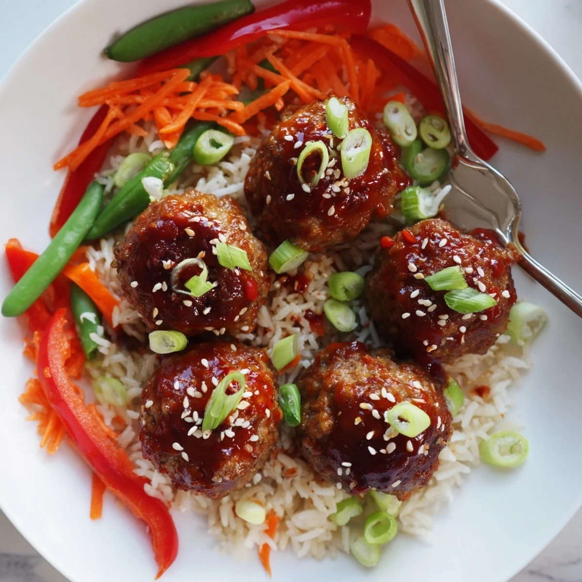 Hello Fresh Firecracker Meatballs glazed in sticky spicy-sweet sauce over jasmine rice