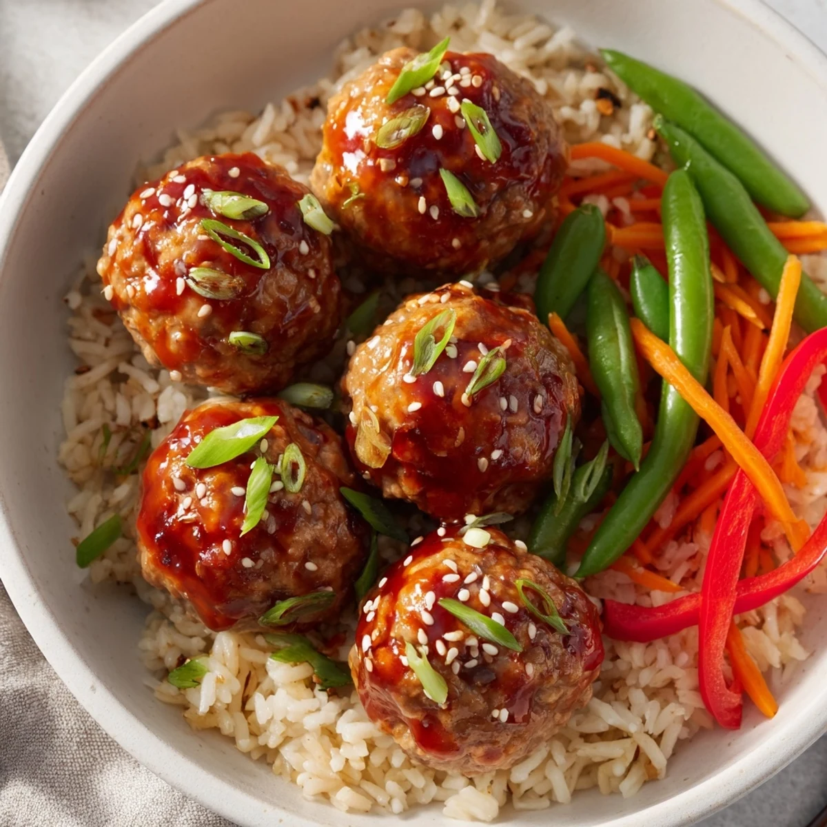 Oven-baked Hello Fresh Firecracker Meatballs tossed with sesame, scallions, and crisp vegetables