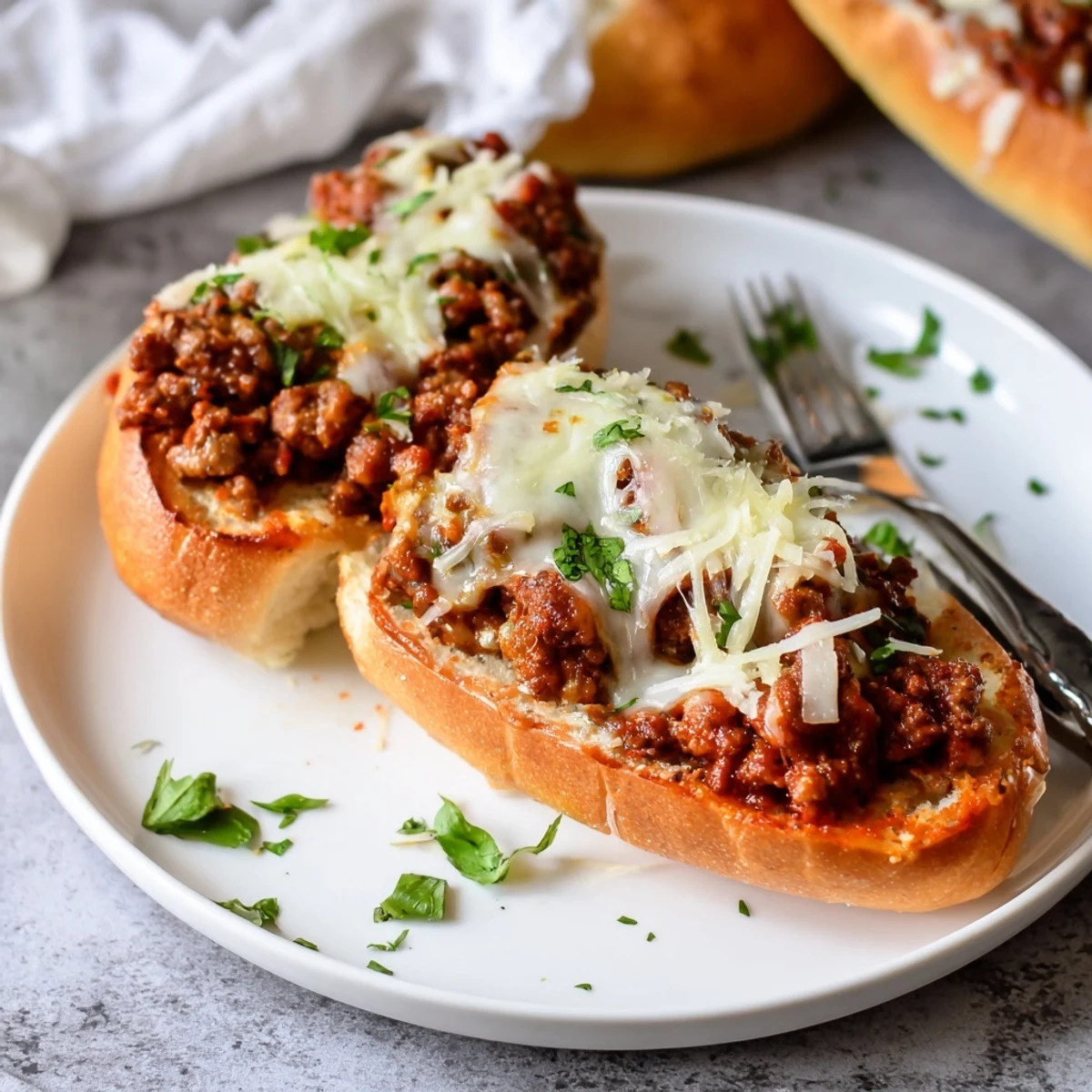 Stacked Garlic Bread Sloppy Joes served hot, garlic butter crisped on crust