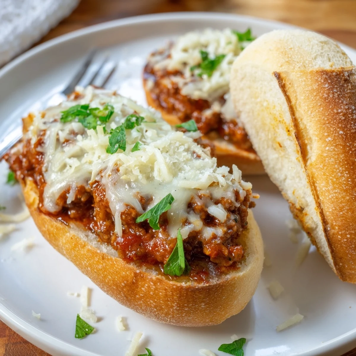 Toasty Garlic Bread Sloppy Joes with bubbling cheese and savory beef filling