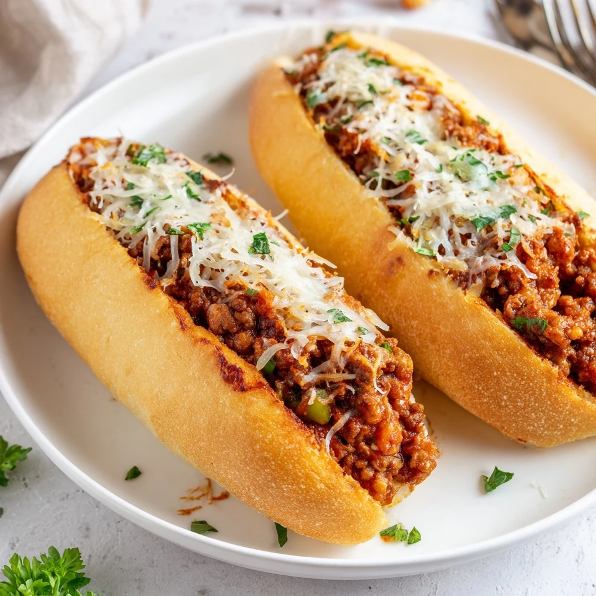 Hearty Garlic Bread Sloppy Joes sliced for sharing, gooey cheese and parsley