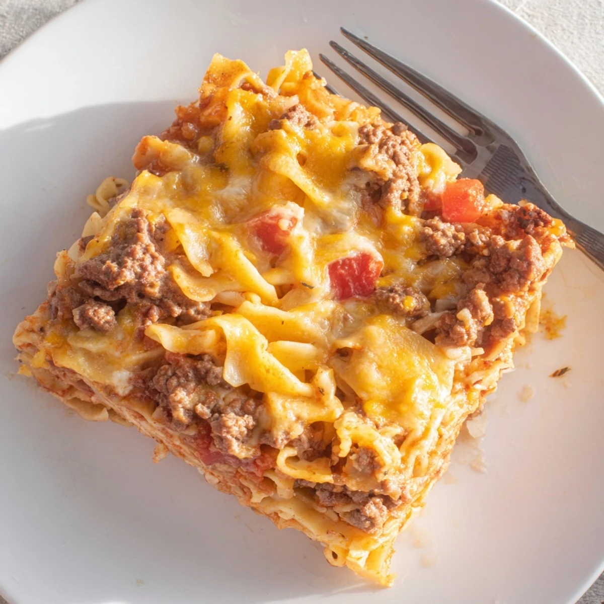 Fresh from oven Beef Lombardi Casserole steaming, pairs well with crusty bread