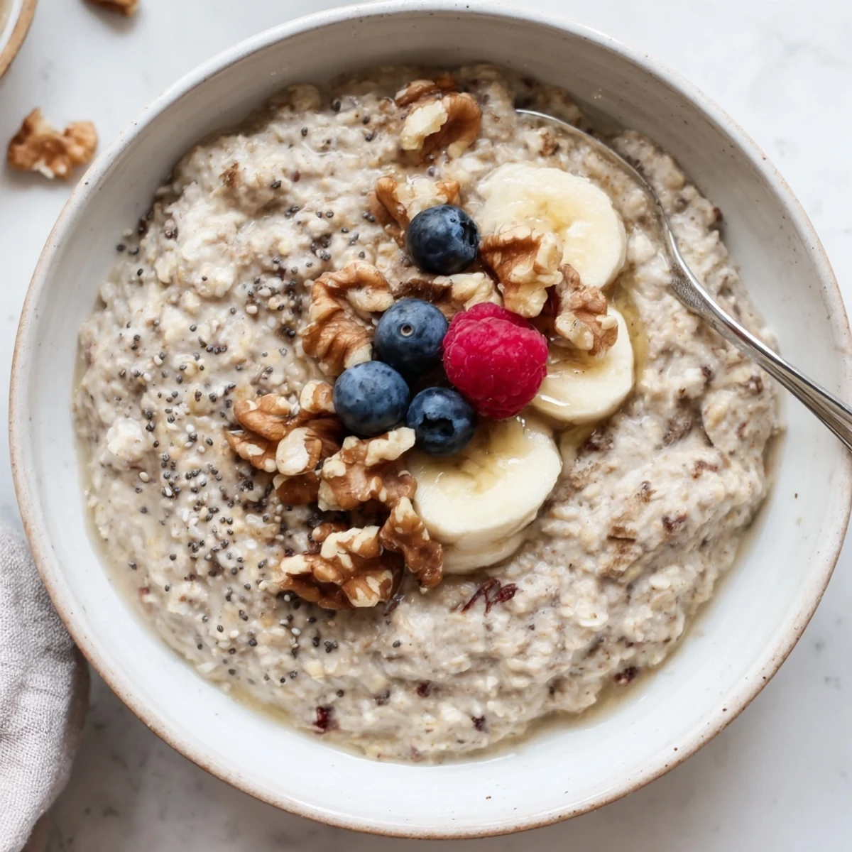 Creamy, steaming Protein Oatmeal topped with banana, nuts, chia seeds.
