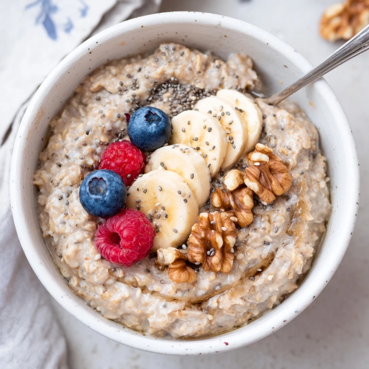 Warm Protein Oatmeal served in a bowl after morning run, maple drizzle.