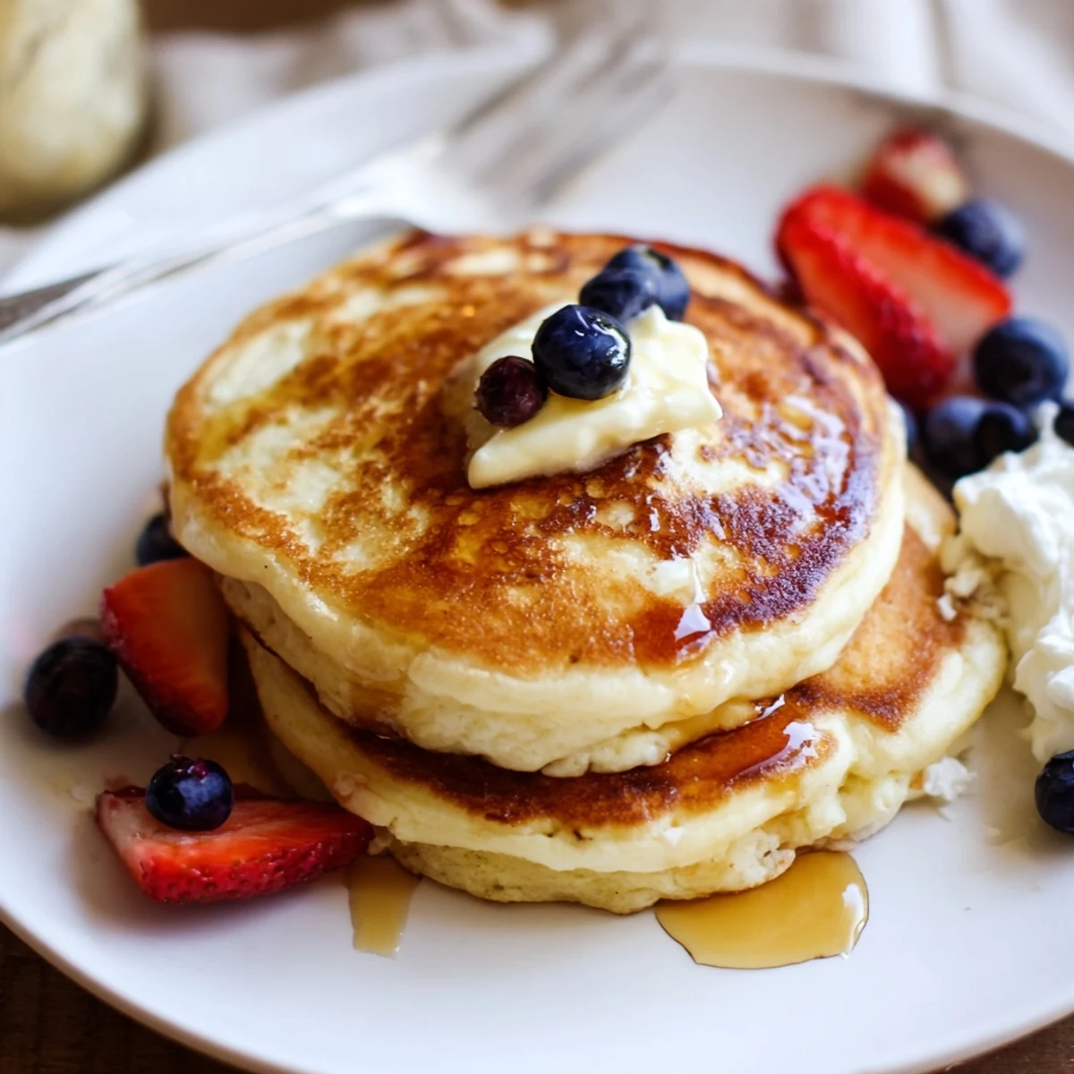 Cottage Cheese Pancakes sizzling on griddle, batter bubbles and buttery aroma.