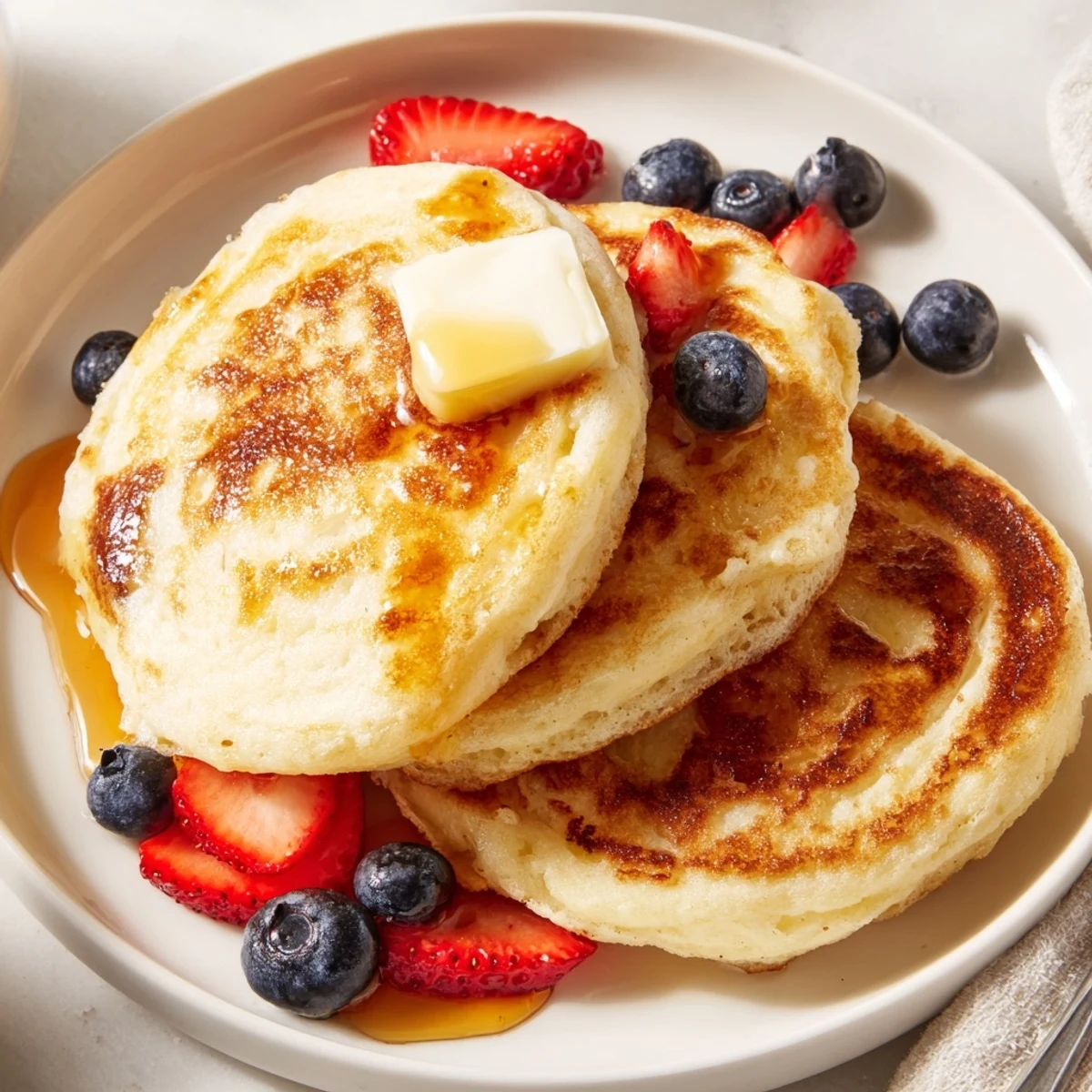 Stack of Cottage Cheese Pancakes with seasonal berries, maple syrup, golden edges.