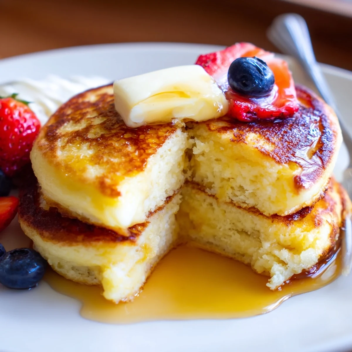 Warm Cottage Cheese Pancakes served with tangy Greek yogurt and fresh berries.