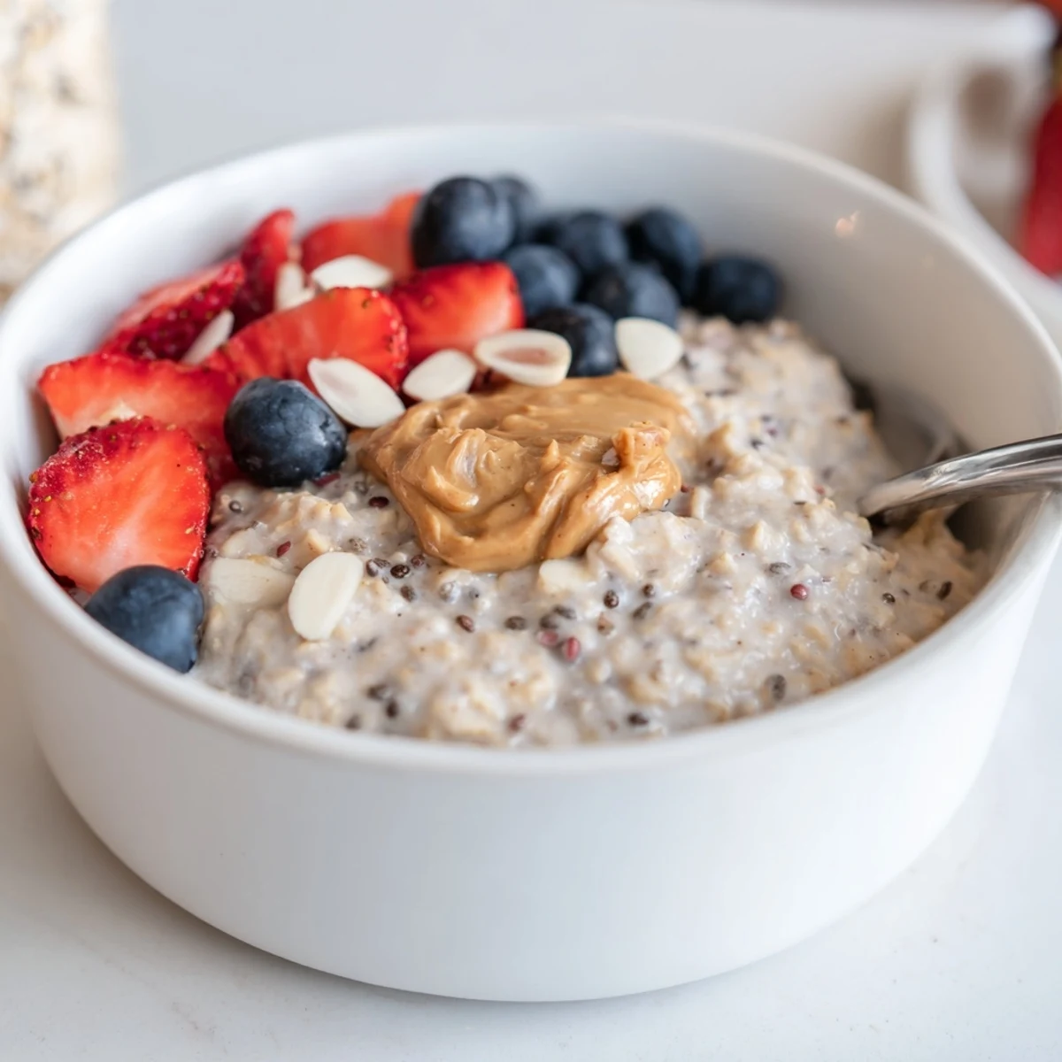 Protein Overnight Oats topped with fresh berries and crunchy nuts, chilled.