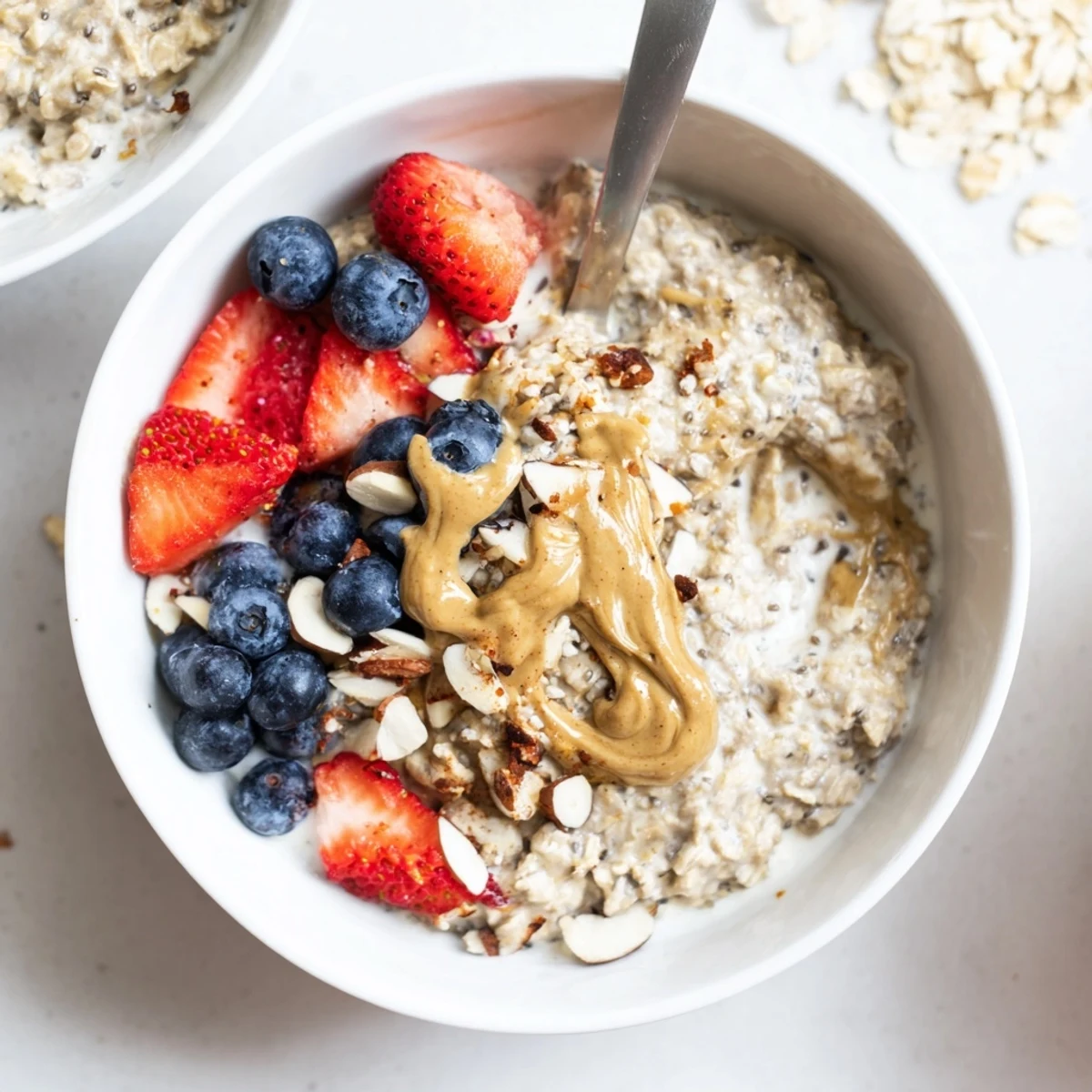 Vanilla-spiced Protein Overnight Oats garnished with nut butter, spoon beside.