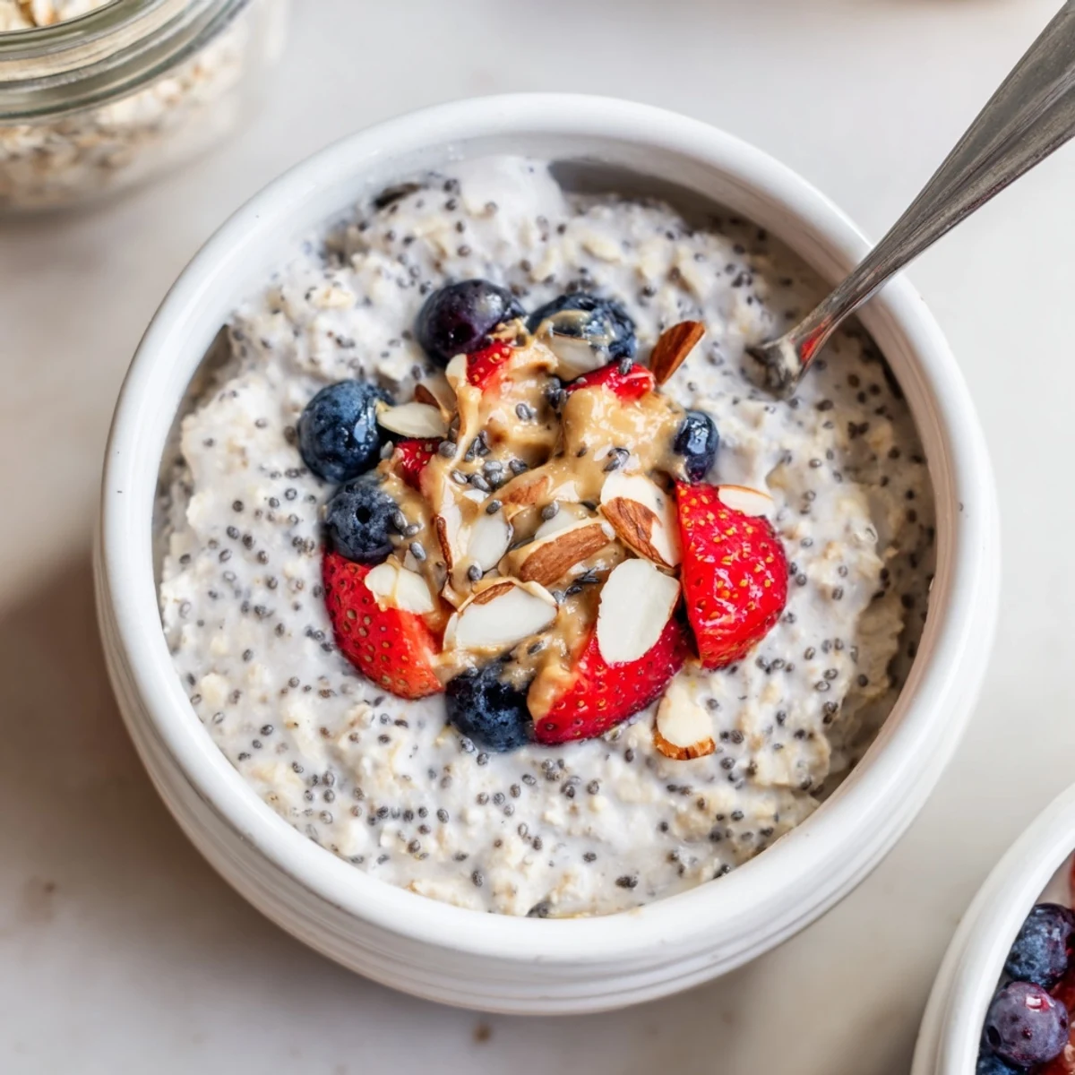 Creamy Protein Overnight Oats layered in a jar, ready for breakfast.